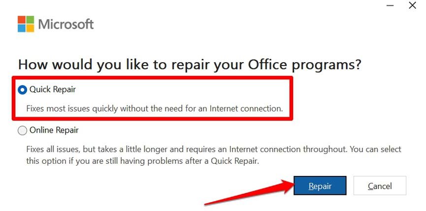 initiate quick repair for office 365