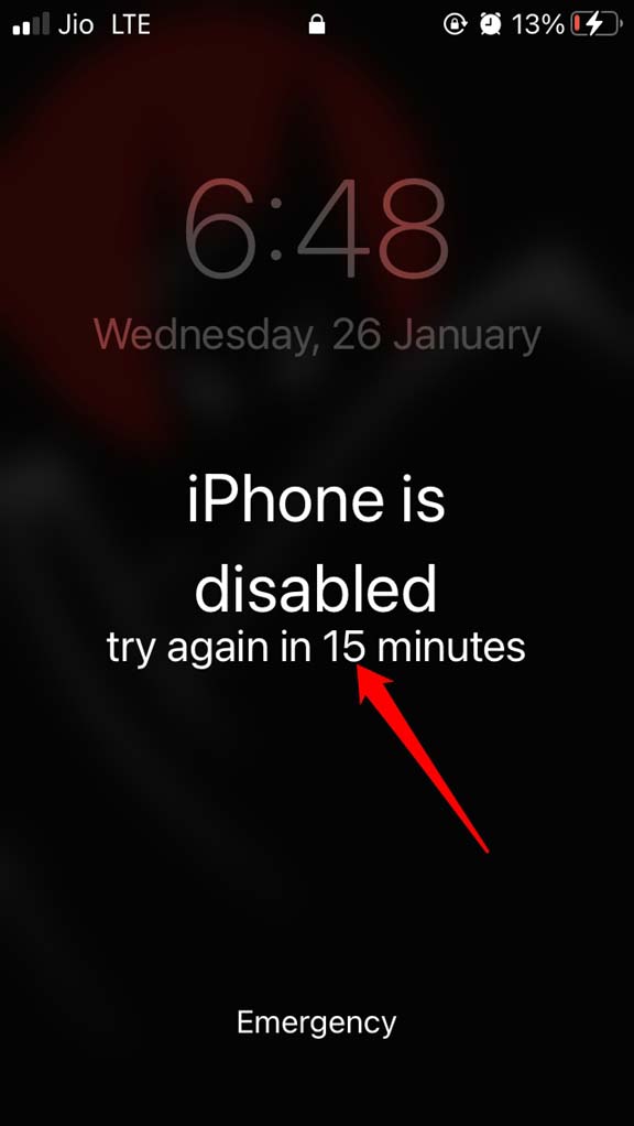 iphone disabled for 15 minutes