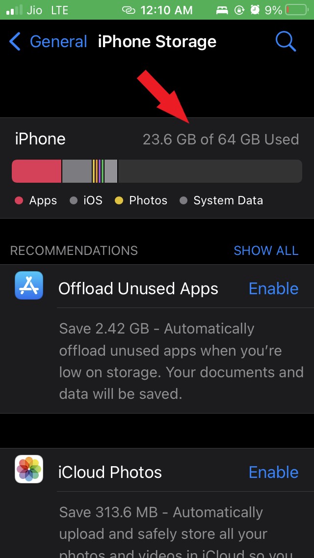 iphone storage check