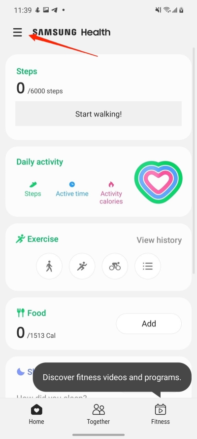 samsung health main dashbaord