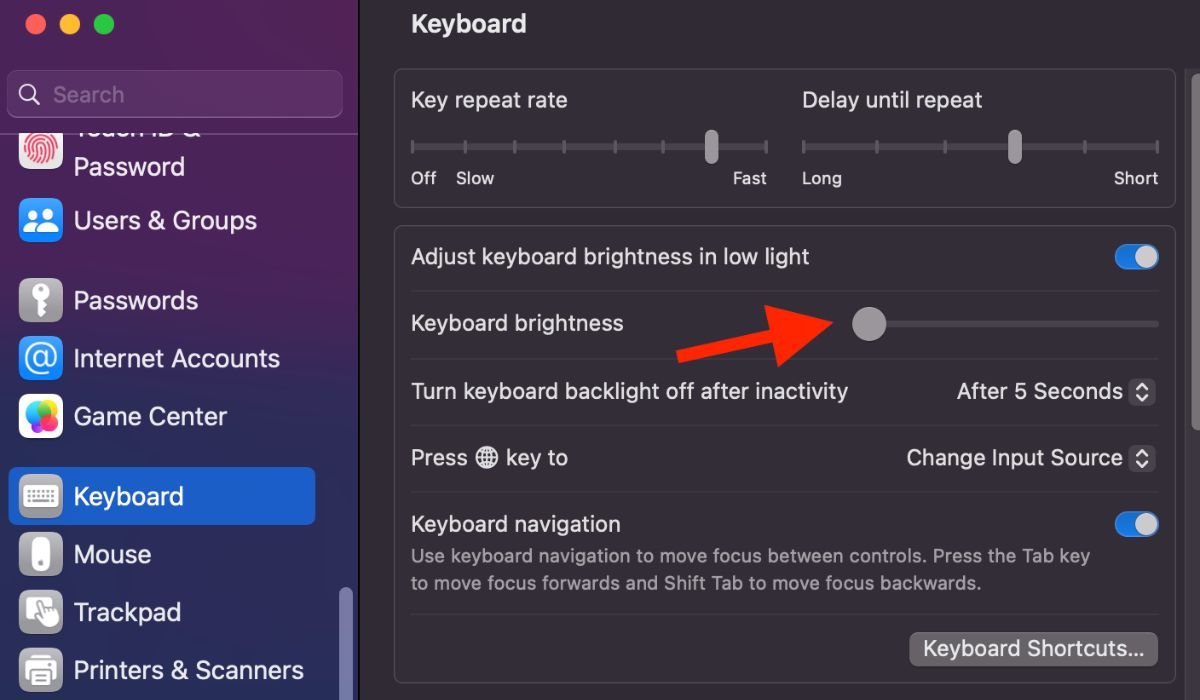 Keyboard brightness level