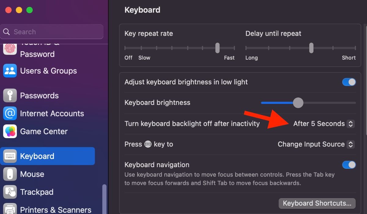 Keyboard inactivity settings