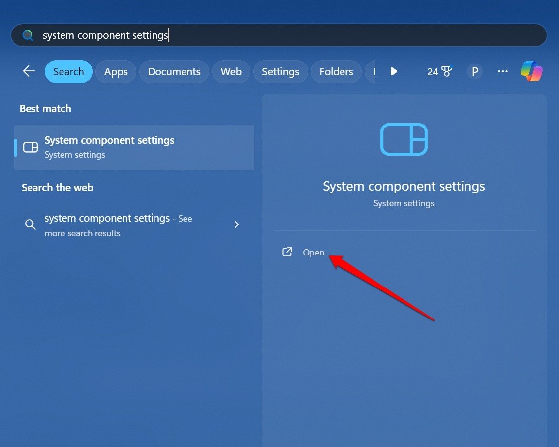 launch the Windows system component settings