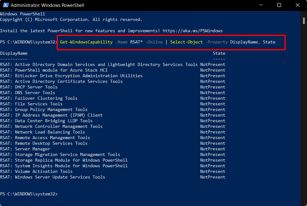 list of installed rsat tools in windows 11