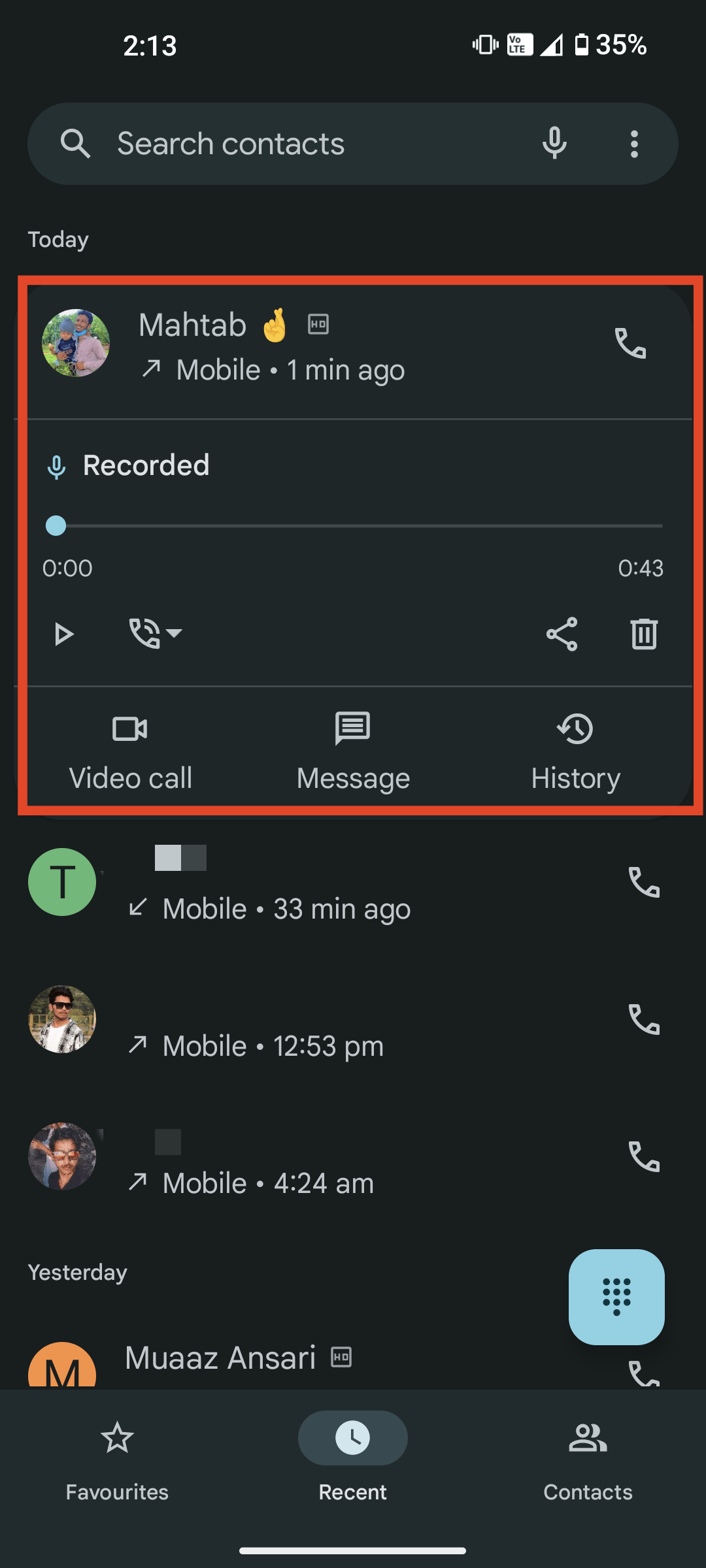 listen to call recording from the recent tab