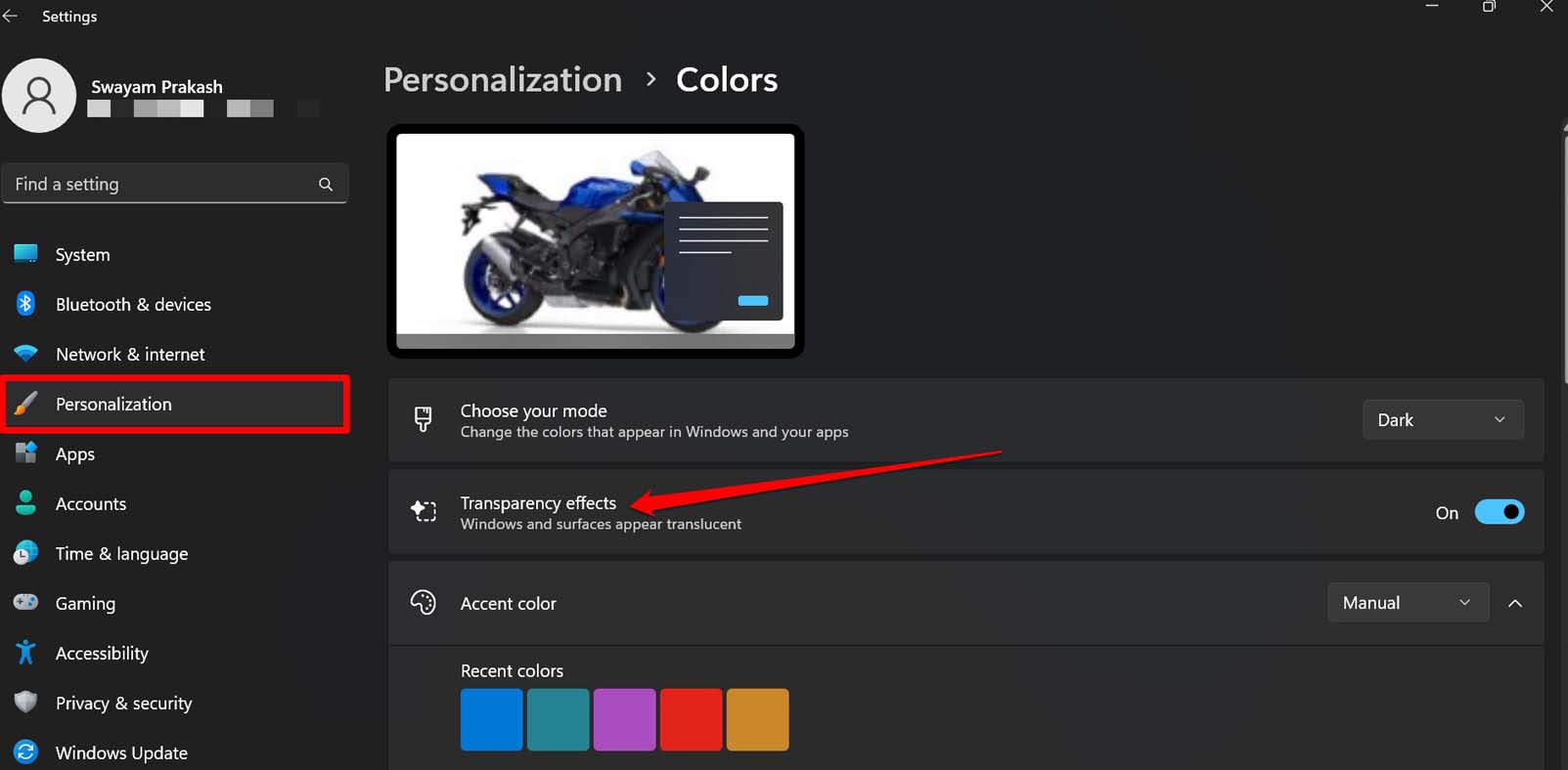 make the taskbar transparent from personalization settings