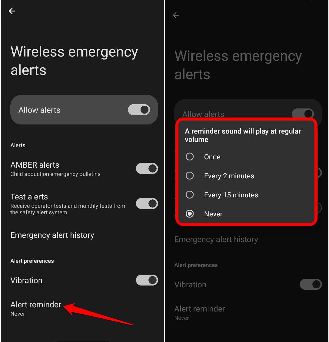manage alert reminder for wireless emergency alerts on android