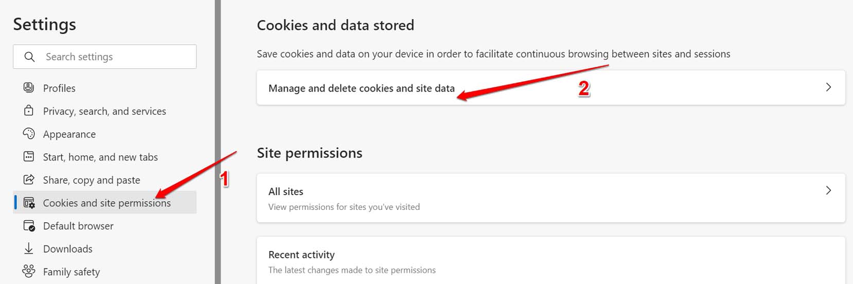 manage and delete cookies on Edge browser
