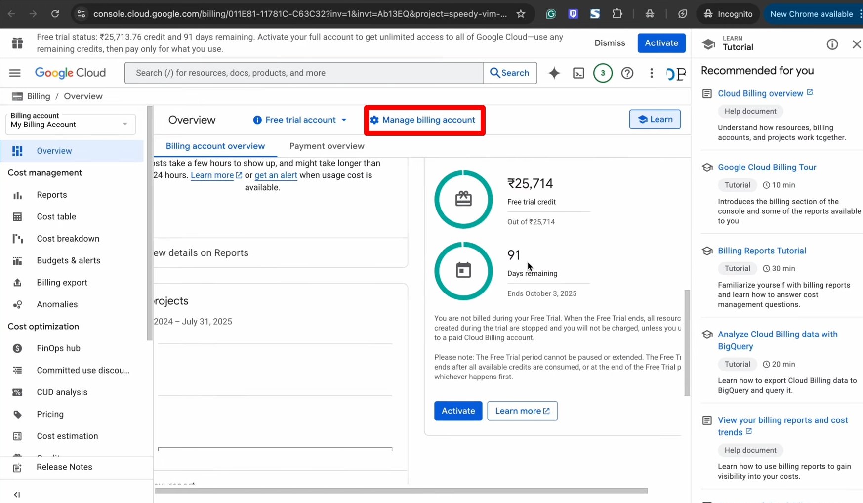 manage billing account of Google cloud