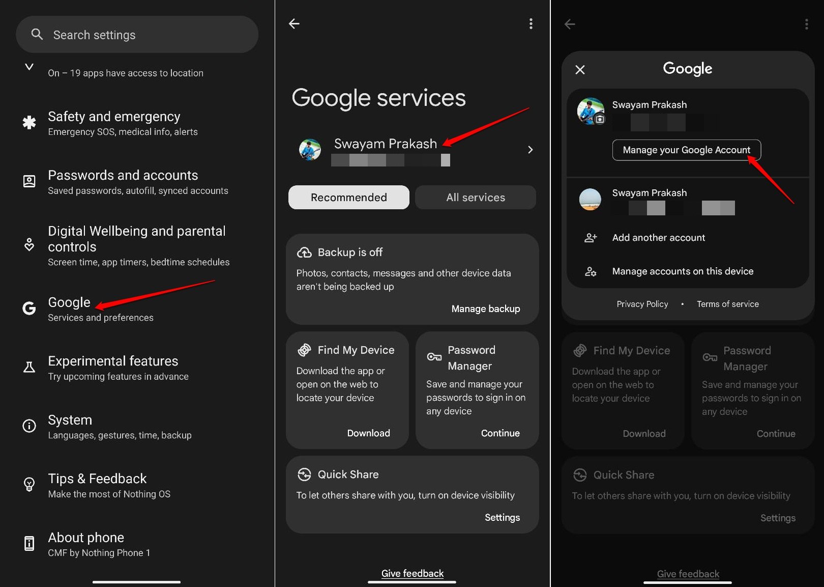 manage google account connected with Android device