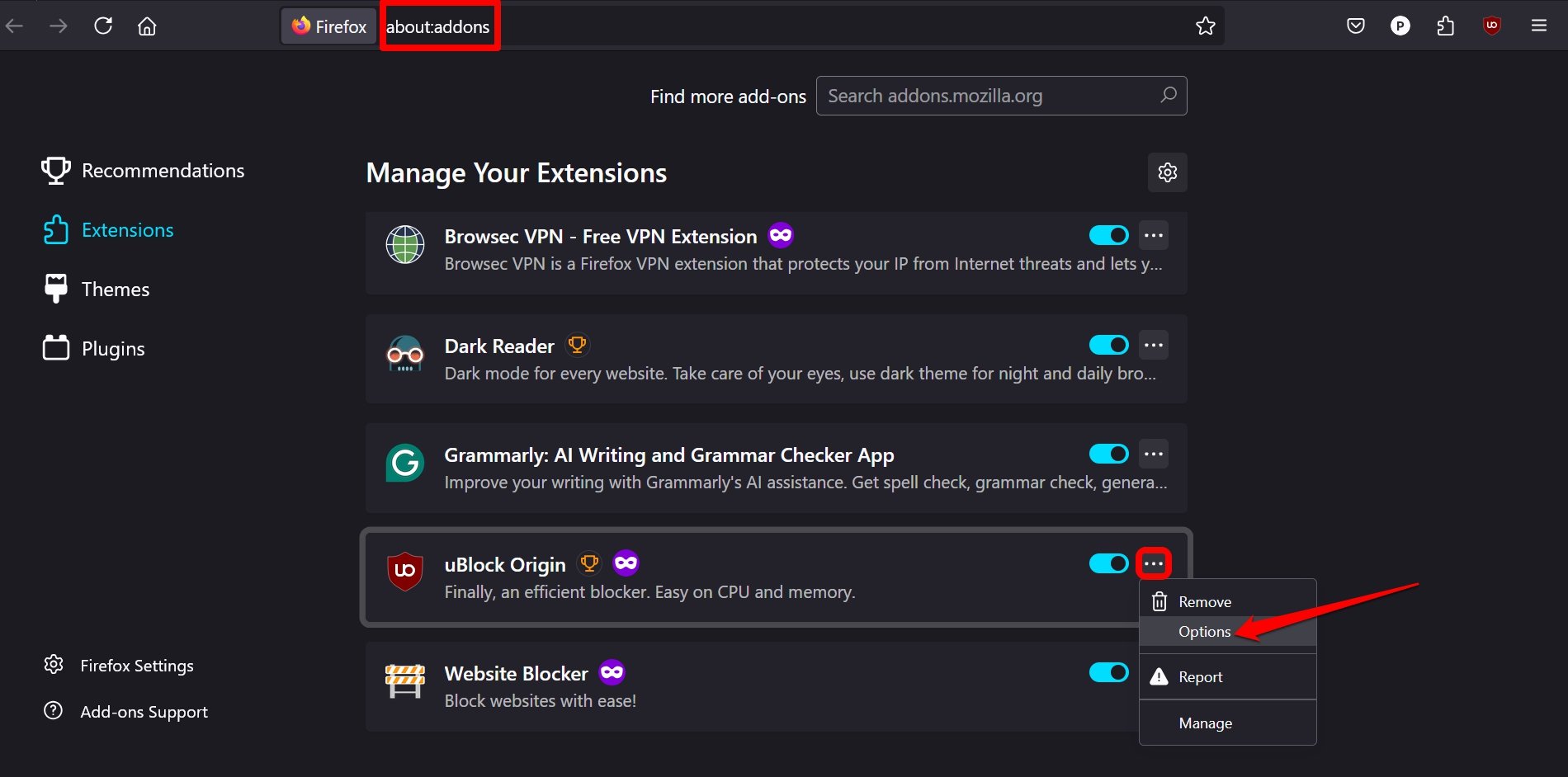 manage ublock origin settings