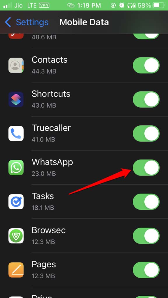 mobile data usage enabled for WhatsApp