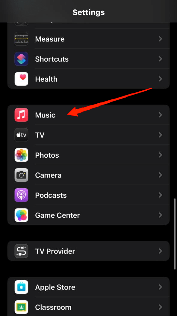 Now, scroll down and tap on Music