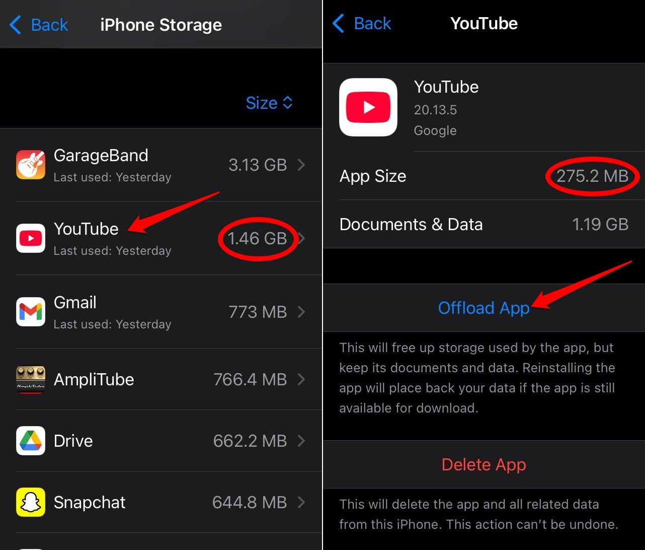 offload YouTube app on iOS
