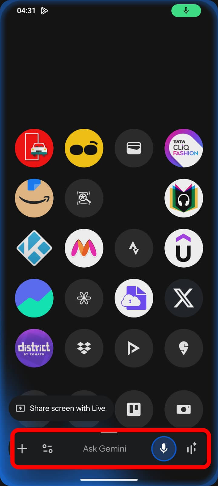open Gemini on Android by pressing the power button