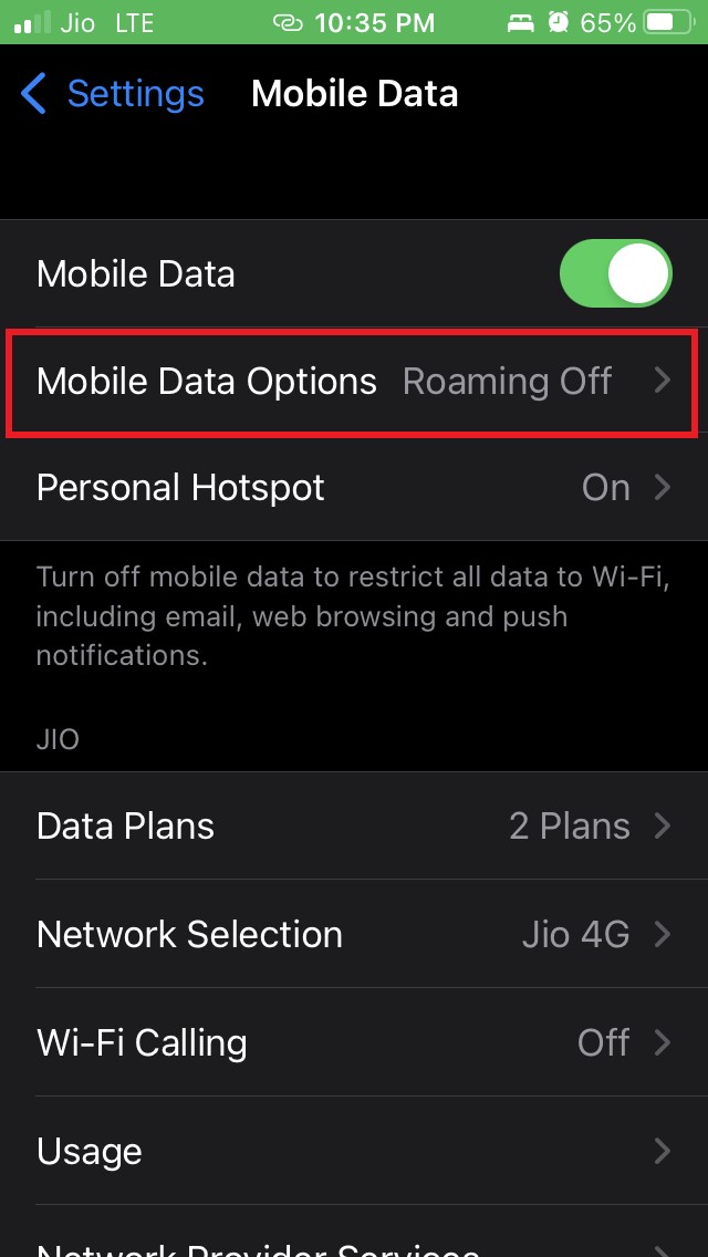 open Mobile Data options