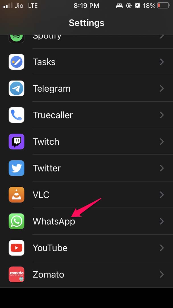 Open WhatsApp in Settings app