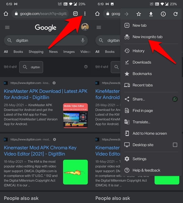 open chrome incognito mode window on android