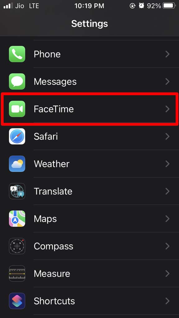 open iPhone FaceTime settings