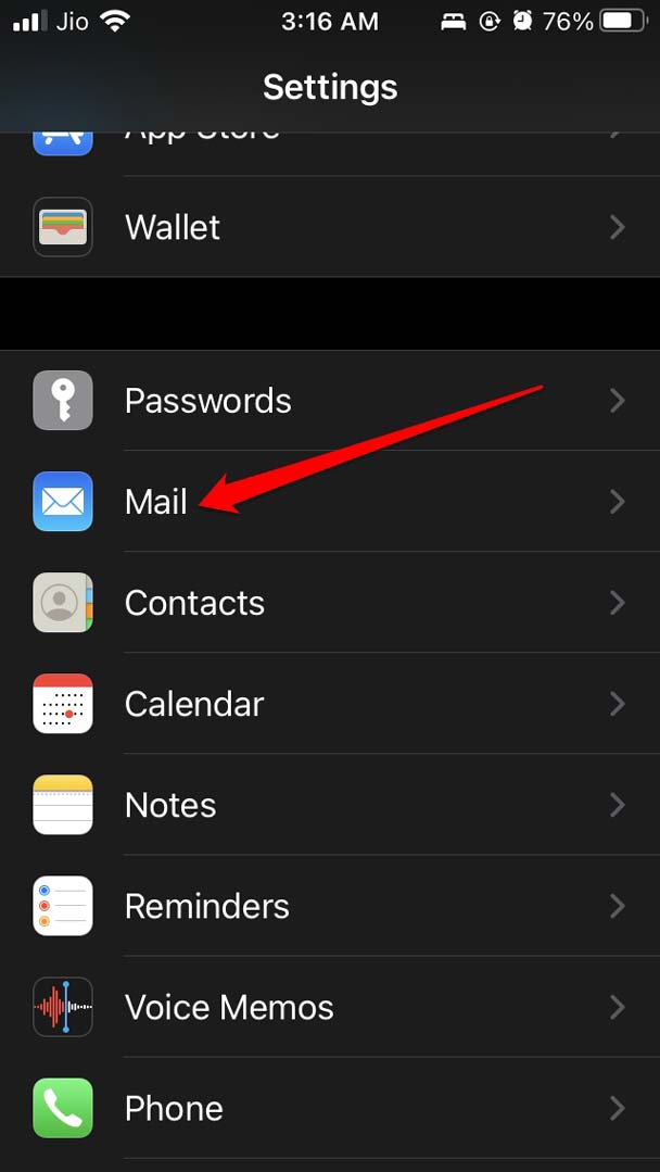 open mail app in iOS settings