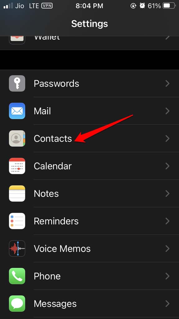 open the Contacts in iOS Settings
