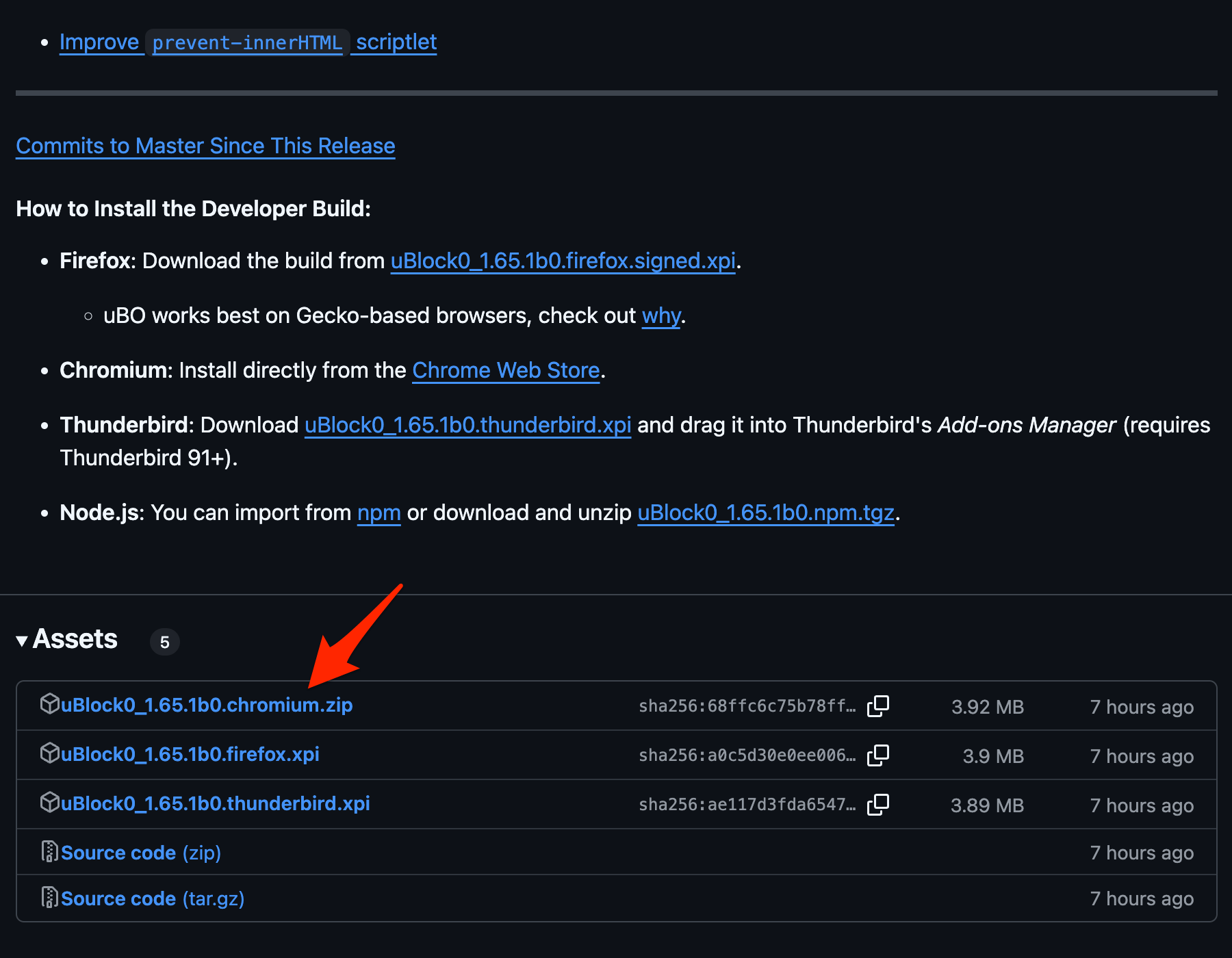 open the Ublock Origin GitHub release page—under assets, click on Ublock Origin Chromium zip to download