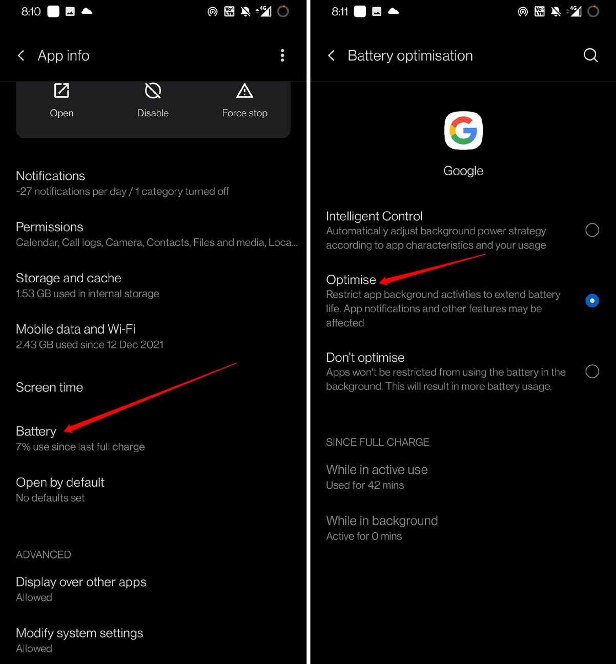 optimize battery usage for Google app