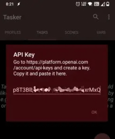 paste the OpenAI API key and hit the OK button
