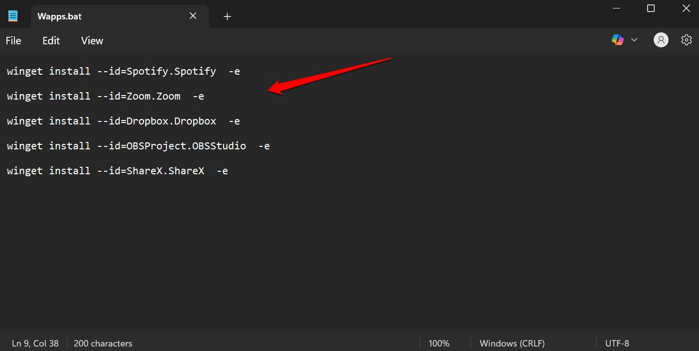 paste winget install codes on Notepad