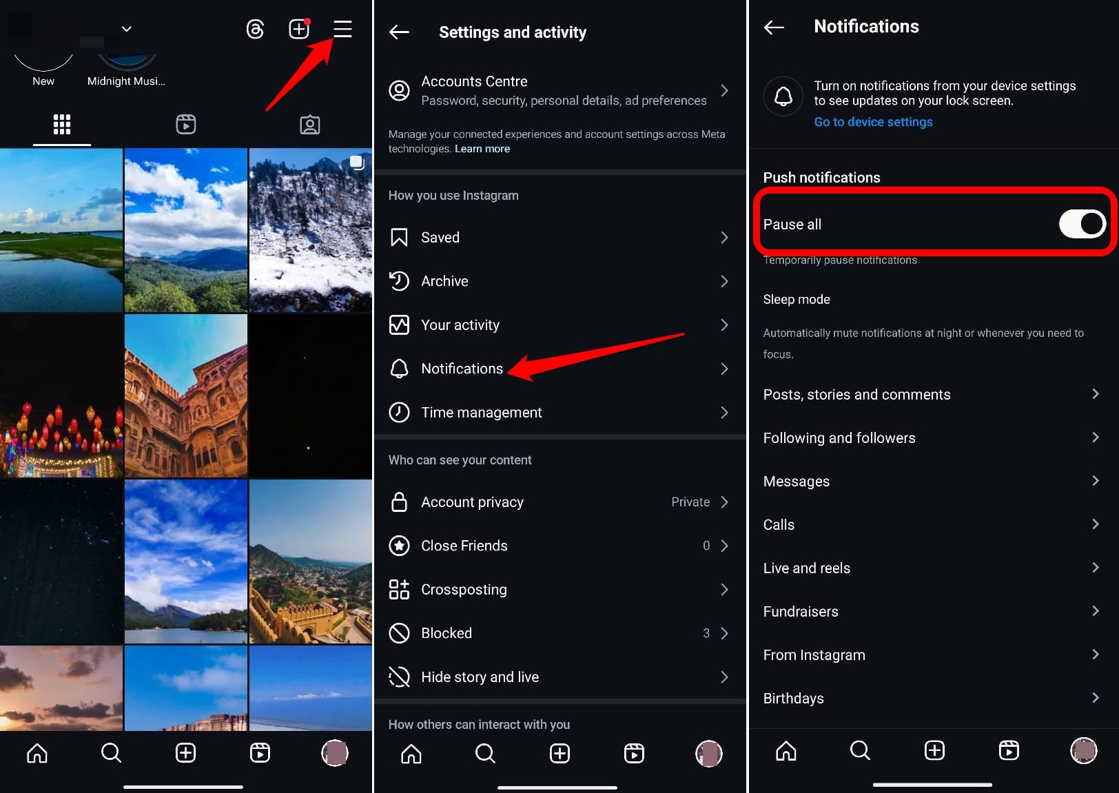 pause notifications on Instagram