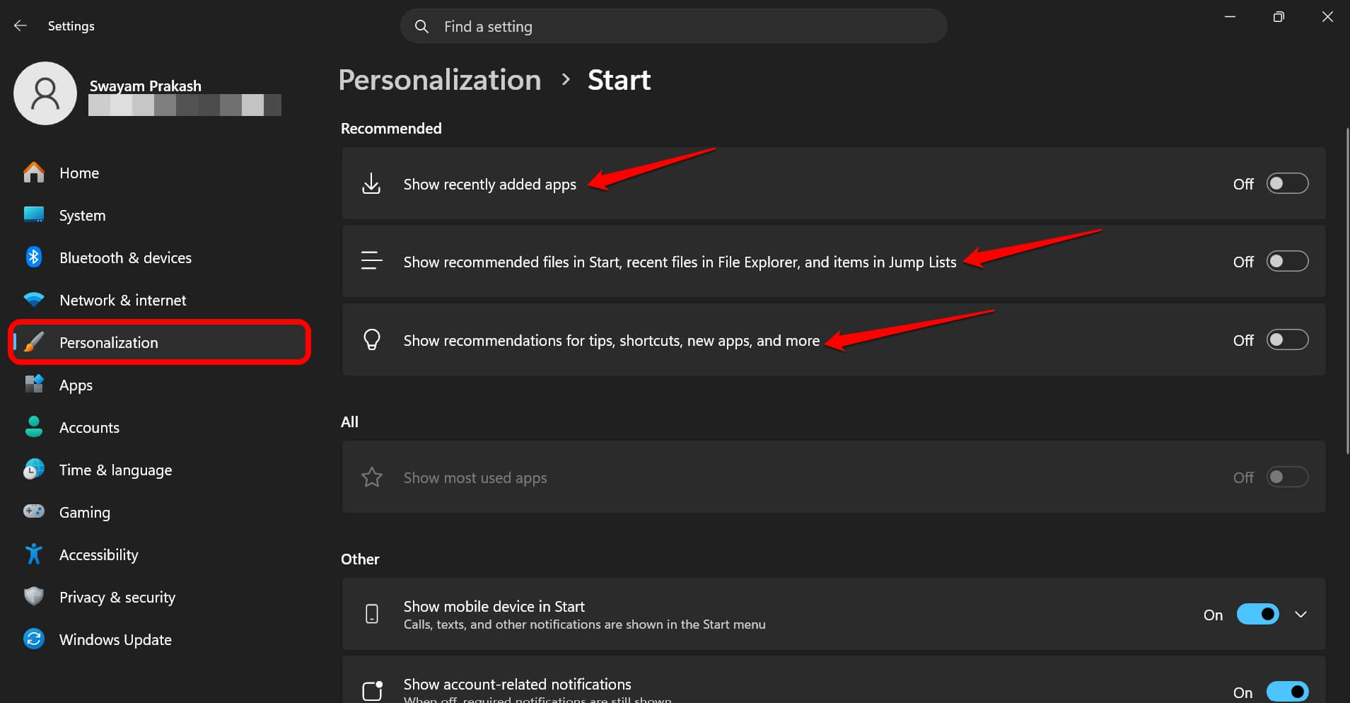 personalize start menu windows 11
