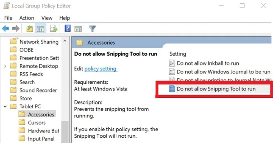 Do not allow Snipping Tool to run