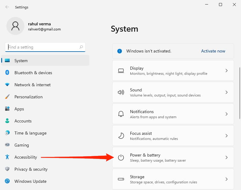 power & battery settings