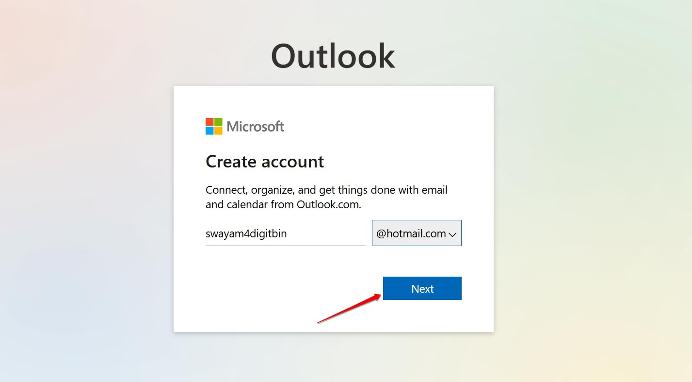 press Next on hotmail new email creation page