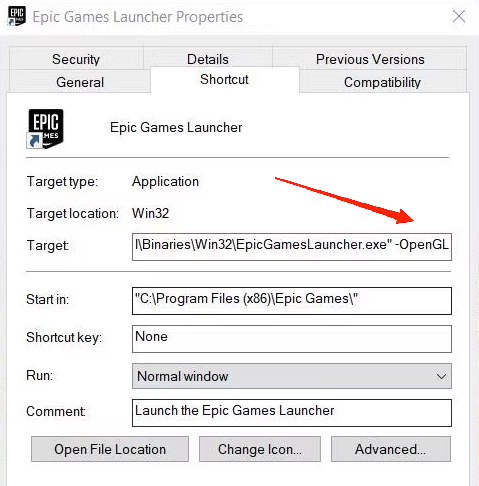 add "-OpenGL" at the end of the path