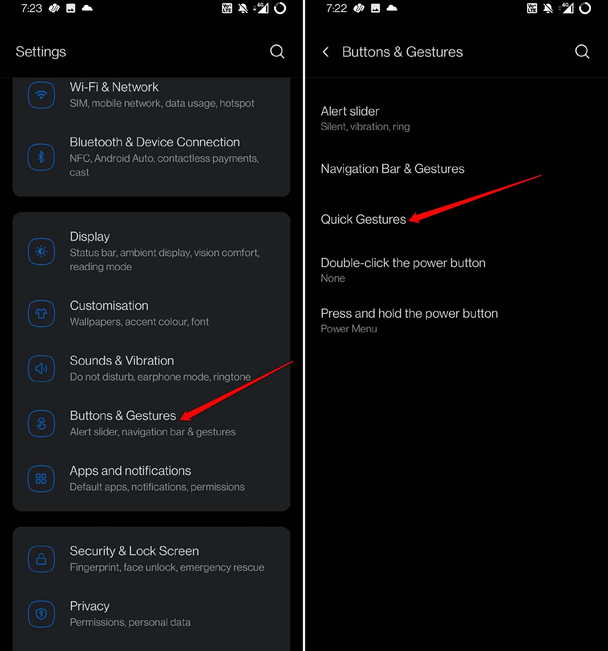 quick tap gestures setting Android