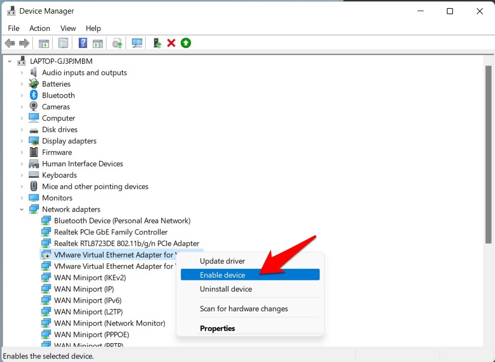 re-enable ethernet in Windows 11 via device manager