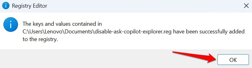 registry to disable copilot is successful