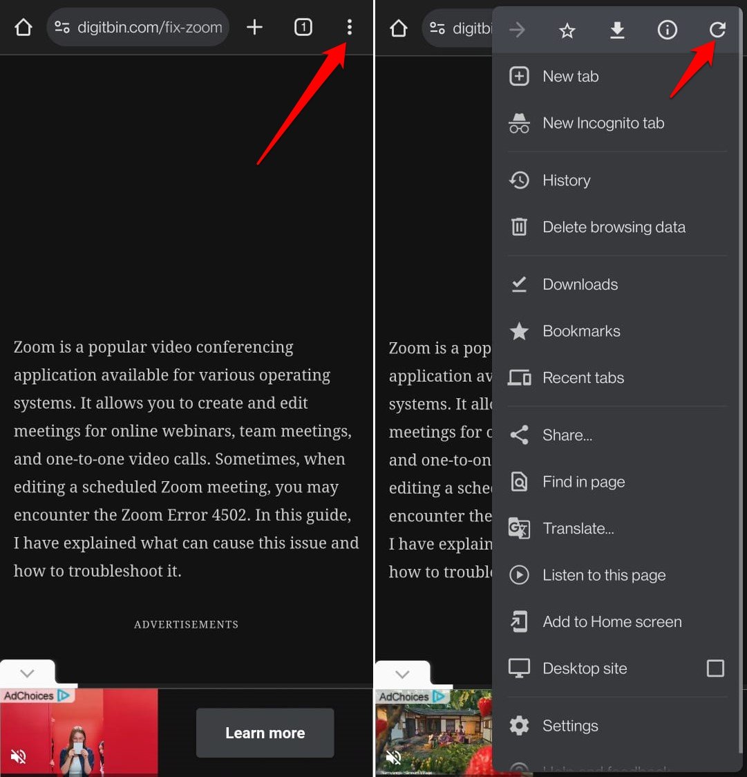 reload a webpage in Chrome Android