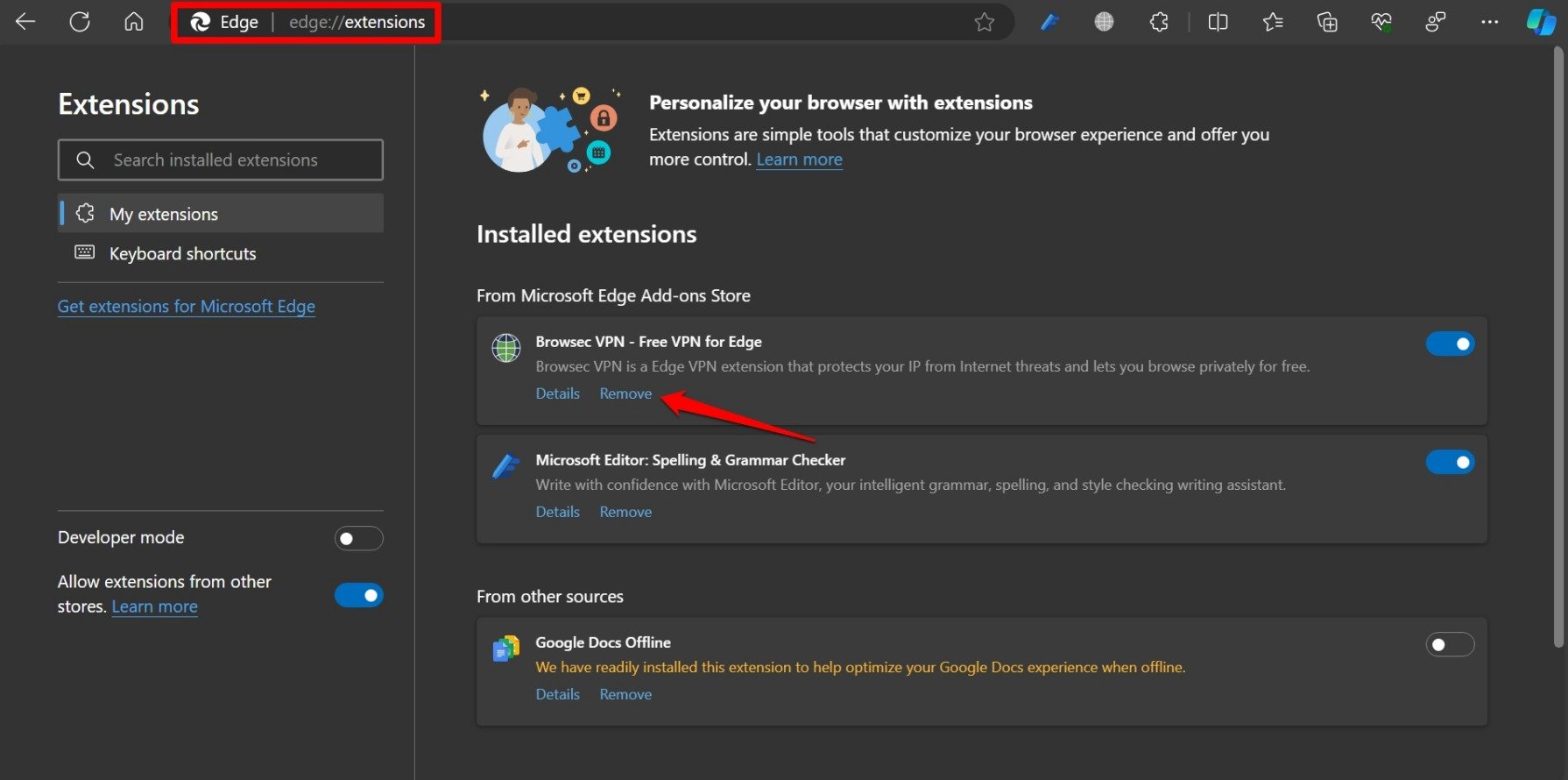 remove extensions in Edge browser