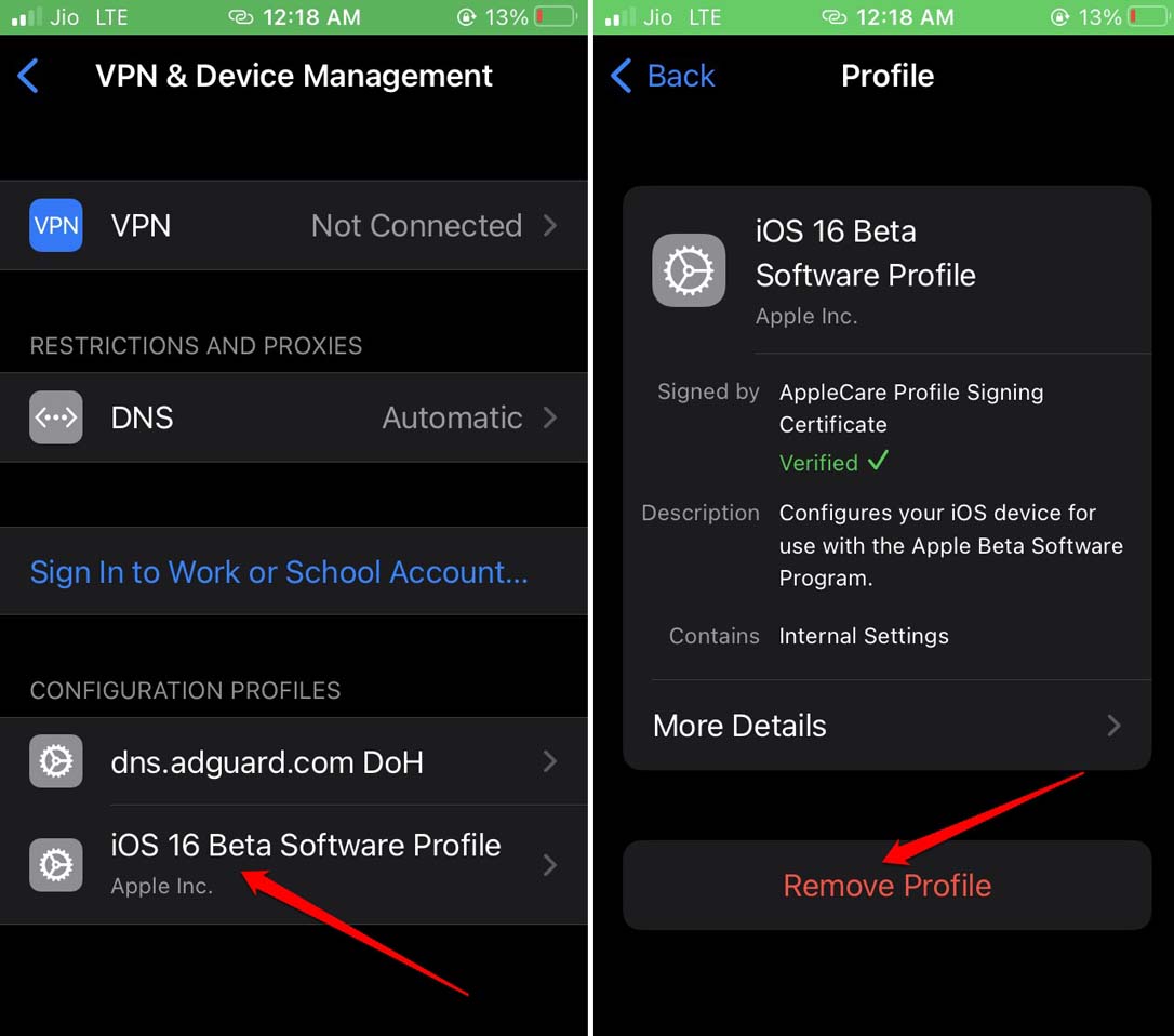 remove iOS beta profile from iPhone