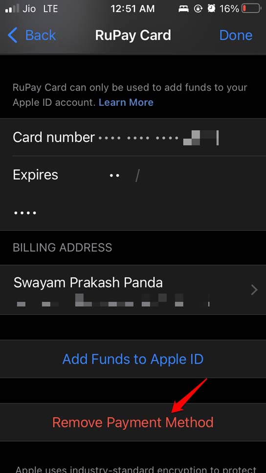 remove payment method in Apple ID