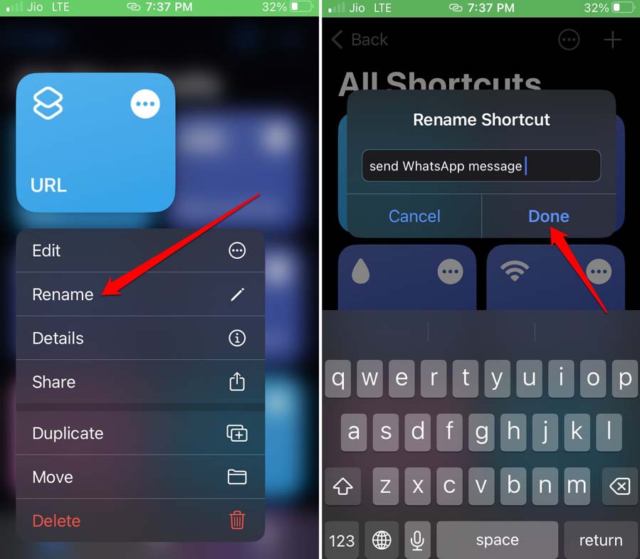 rename Siri shortcut for sending WhatsApp message