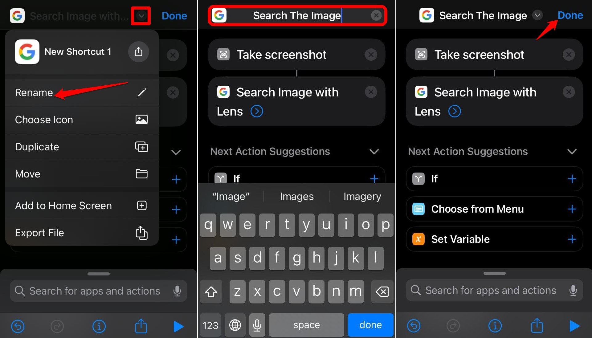 rename iOS Shortcut to search image