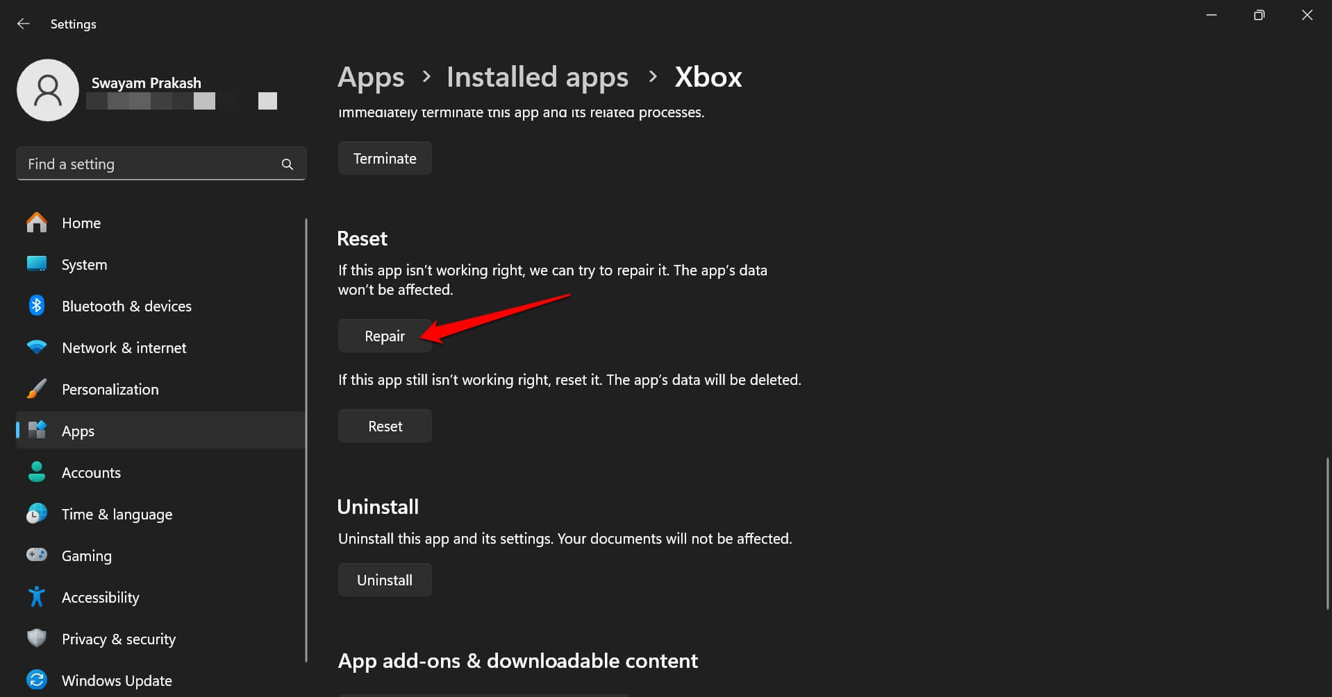 repair Xbox app on Windows