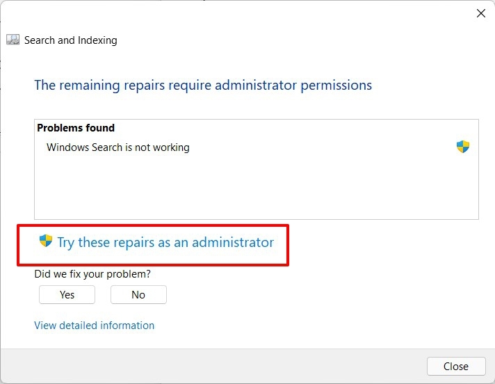 repair search indexing issue as admin
