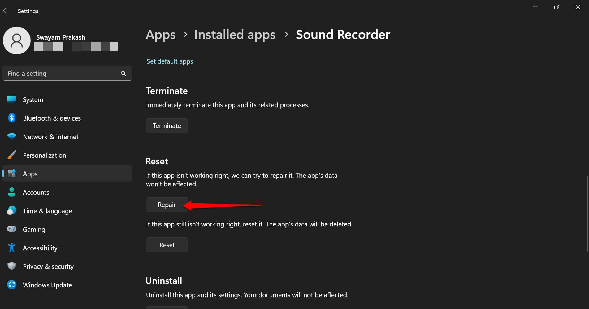 repair sound recorder app Windows OS 
