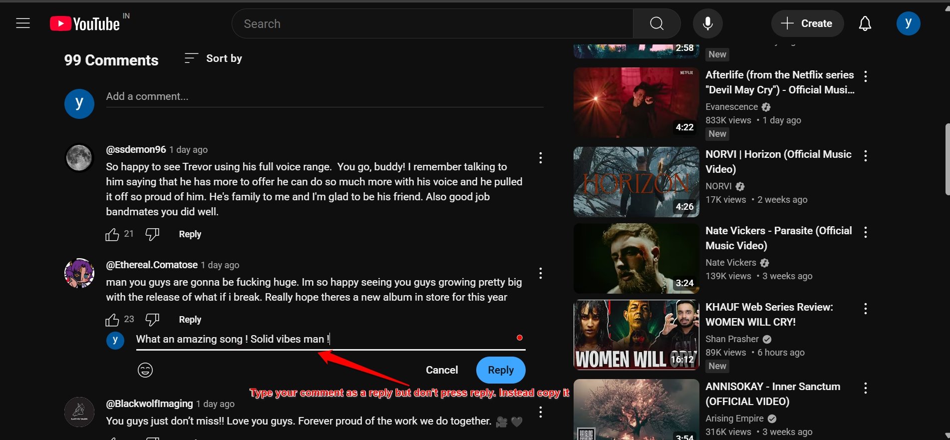 reply to YouTube comment