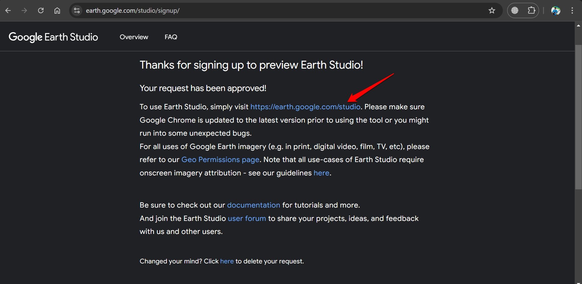 request to use Google earth Studio approved