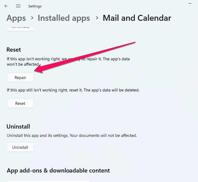 Reset Mail and Calendar App